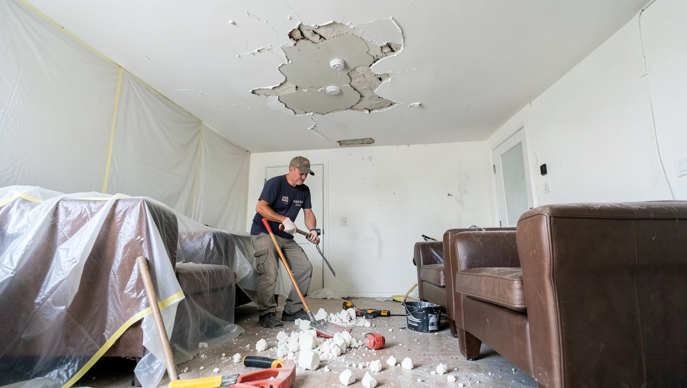 Naprawa odpadającego tynku na suficie